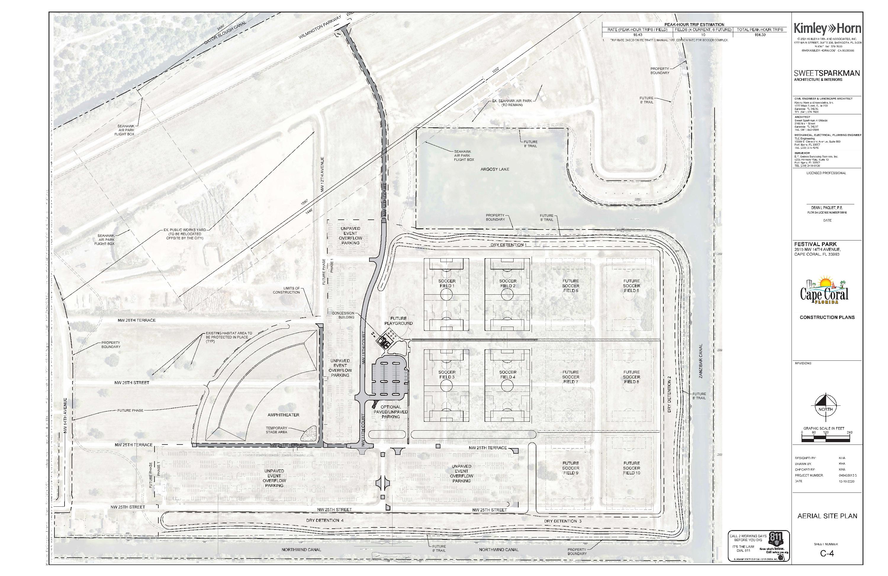 Festival Park map, including: 4 soccer fields, 6 future soccer fields, amphitheater, and unpaved event overflow parking